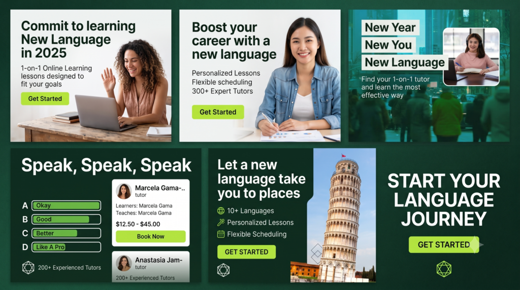 From Awareness to Lead Capture — Building a Language-First Meta Acquisition Engine for an Online Learning Platform 4 collage of ad creatives