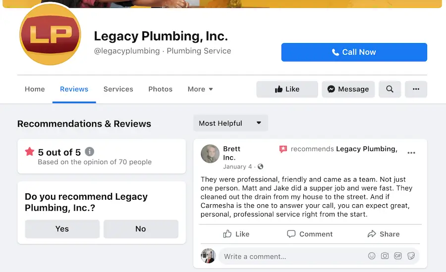 Facebook Business Profile Page