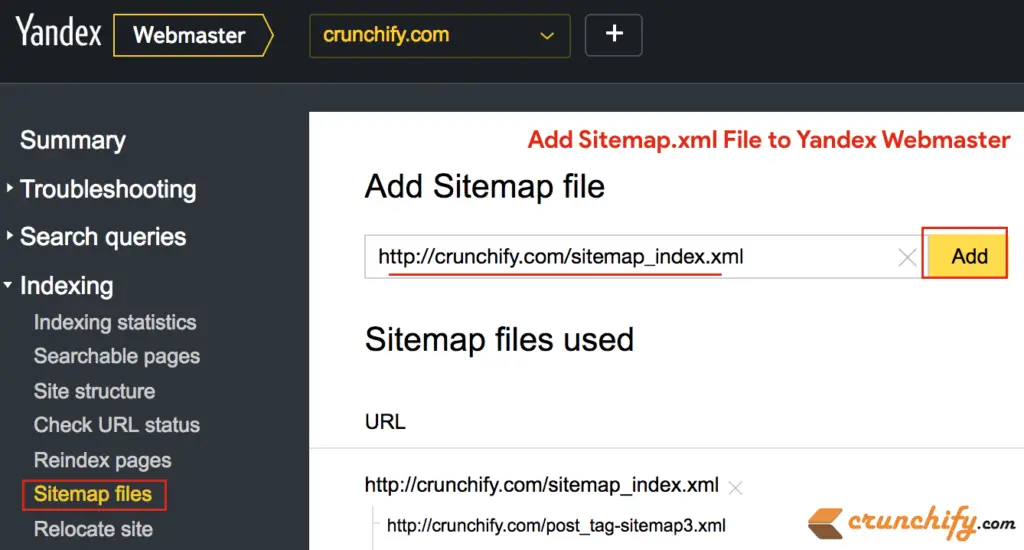 Sending a sitemap submission to Yandex.Webmaster