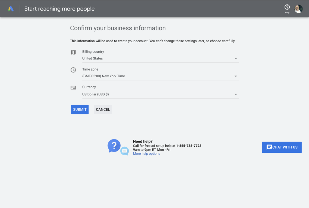 confirm business info google ads account set up