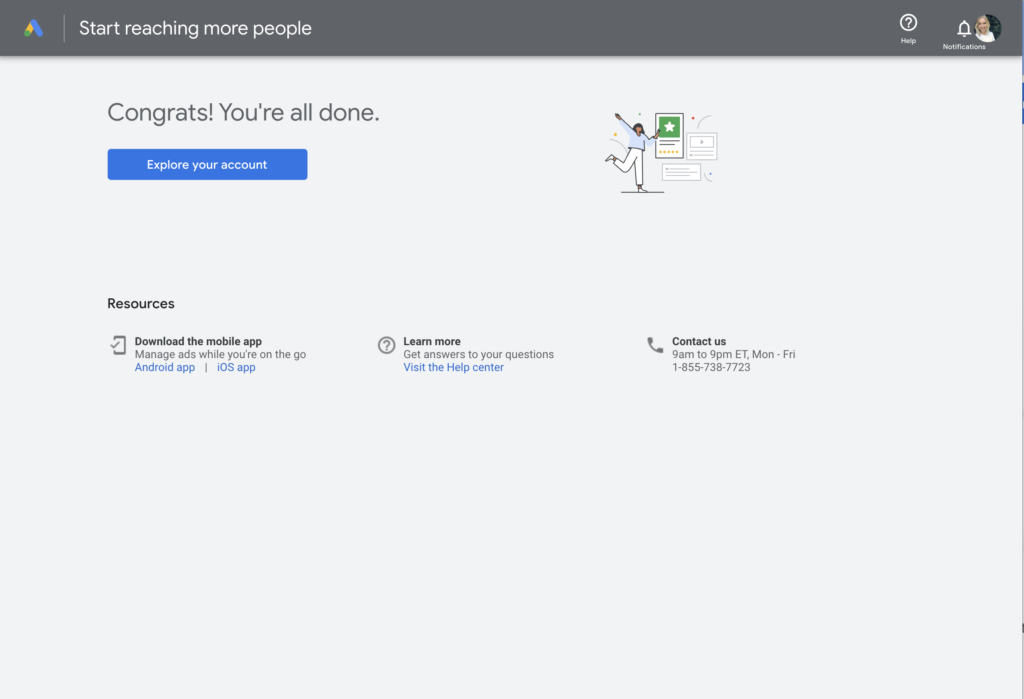success page google ads account set up